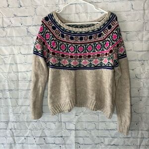 American Eagle Fair Isle Scoop Neck Sweater Size L Cream Pink Blue